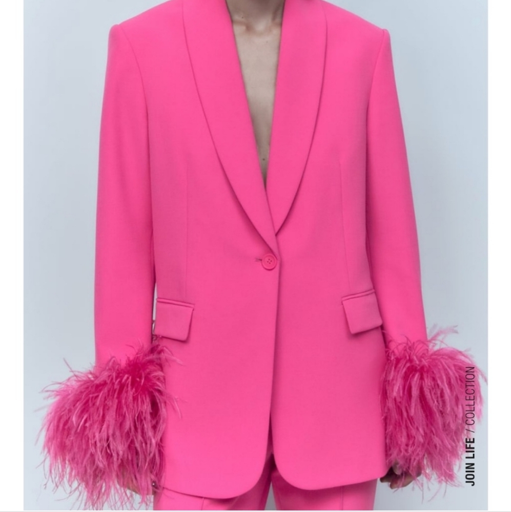 Zara Straight Cut  Pink Feather Blazer NWT Size L - Picture 13 of 14